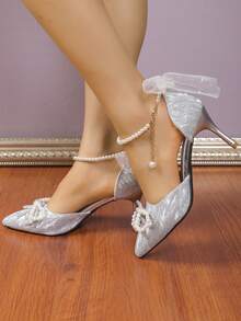 Của phụ nữ 2024 Mới Bộ sưu tập Pha lê Cao gót Với Chi tiết cung - Bạc - Xem 2