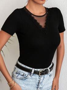 EURMUSE 女士顏色區塊v領短袖t卹,2件套裝,優雅舒適,修身款式 - 彩色 - 查看 5