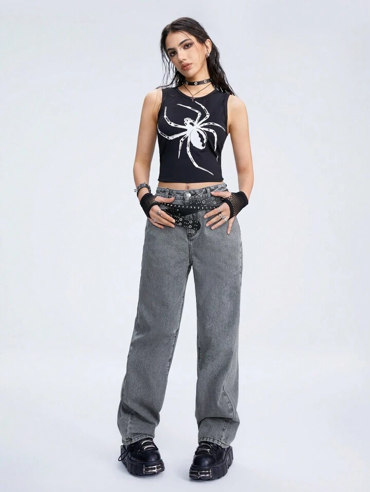 Our Grunge Punk Vintage Washed Women Punk Style Spider Embroidery