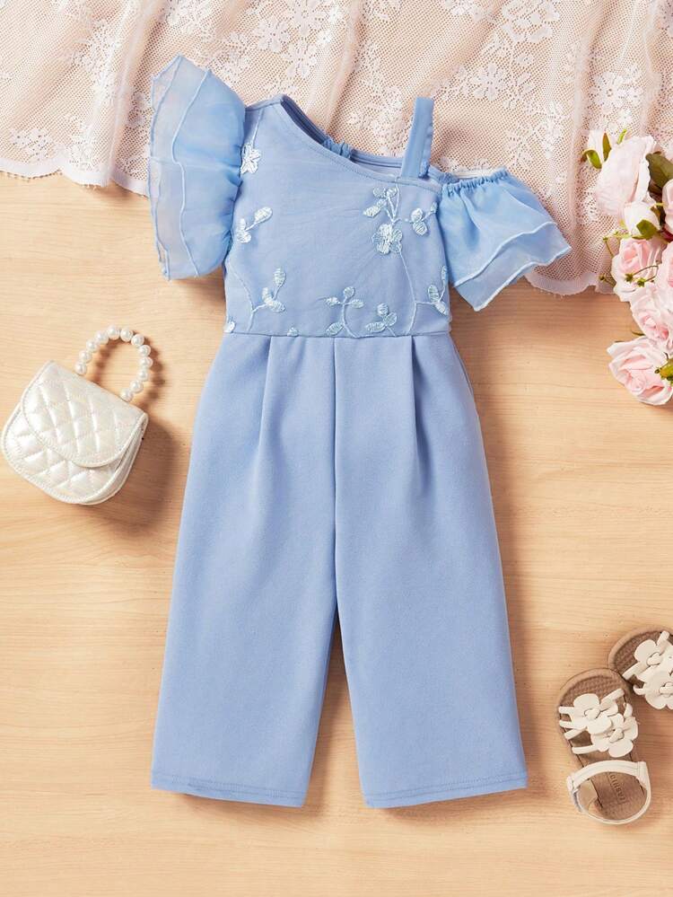 Baby Girl Casual Holiday Mesh Contrast Floral Embroidery Imitation Silk Short Sleeve Jumpsuit
