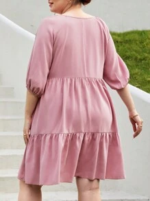 SHEIN Essnce 春夏大尺碼粉紅燈籠袖荷葉邊圓領連身裙 - 粉色 - 查看 2