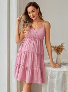 SHEIN Maternity Summer Casual Swiss Dot Spaghetti Strap Loose Fit Dress For City - Pink - View 4