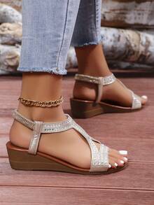 2024年夏季流行女士涼鞋,仙女風格,舒適柔軟底部,帶鑲鑽彈性帶、楔形跟 - 銀色 - 查看 5