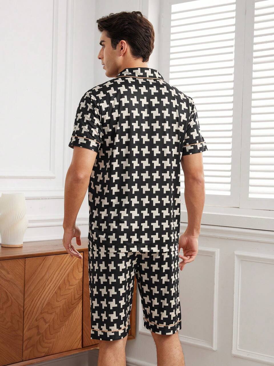 Men's Gingham Short Sleeve Top And Shorts Home Wear Set