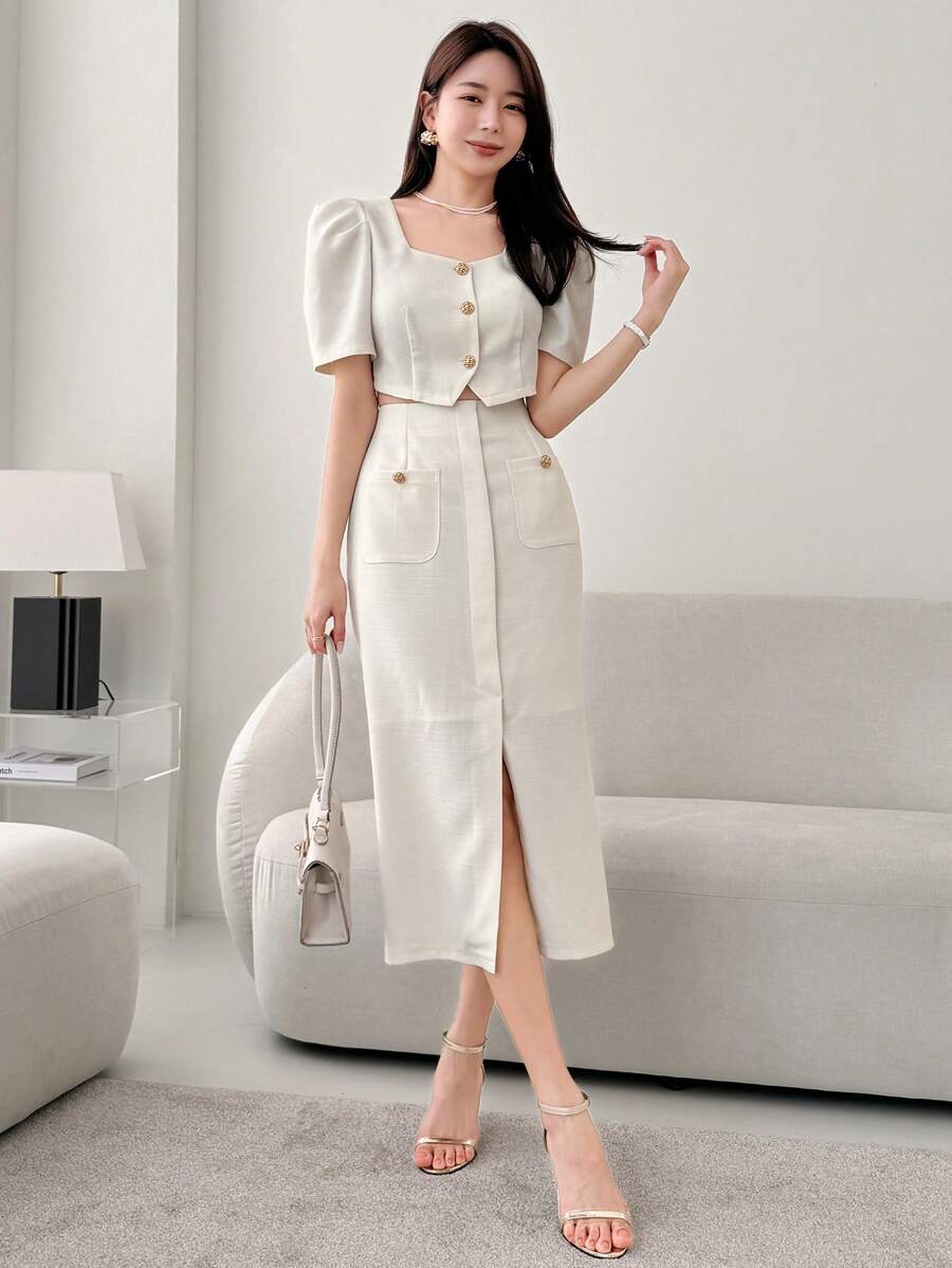 Wynsel Bộ 2 món/Bộ đồ vest ngắn tay bồng màu trơn công sở và váy vest - trắng - Xem 1