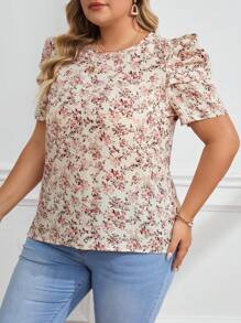 SHEIN Clasi Camisa de manga gigot con estampado floral pequeño para tallas grandes, para el verano