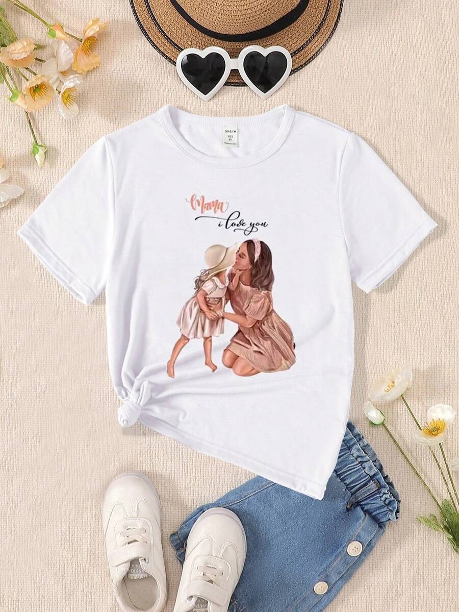 Cô gái Tween Lá thư Và Nhân vật In Vòng cổ Ngắn tay Áo thun - trắng - Xem 1