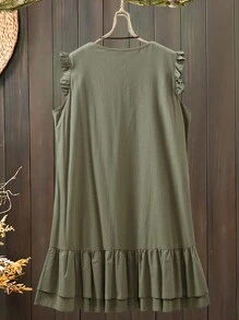 SHEIN LUNE 大尺寸純色前鈕袖襟連衣裙 - 軍綠色 - 查看 2