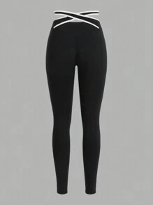 SHEIN ICON Quần tập yoga bó sát cạp chéo thiết kế bó sát dành cho nữ Y2k có viền tương phản Quần chạy bộ - màu đen - Xem 9