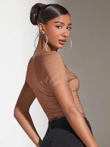 SHEIN BAE Áo croptop nữ màu trơn trễ vai xếp ly - Màu Khaki - Xem 2