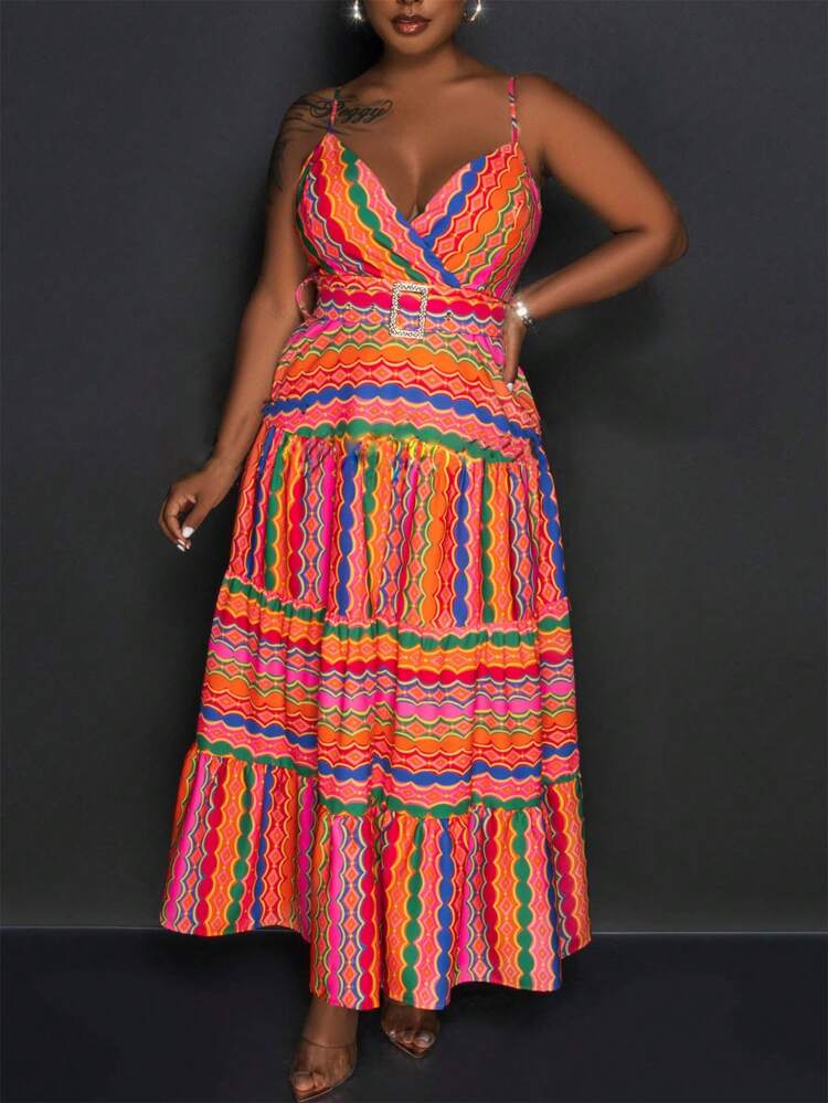 Summer Casual Vacation Suspender V-Neck A-Hem Colorful Plaid All-Over Printed Long Dress Women's Dress