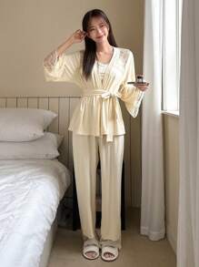 DAZY 3pcs Lace Patchwork Sheer Shoulder Sleepwear Set Pajama - Beige - View 4