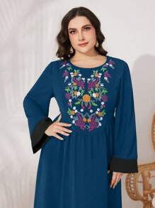 Al Najma Plus-Size Women's Floral Embroidery & Color Blocking Long Sleeve Arabic Clothing Kaftan Jalabiya Dress - Teal Blue - View 1