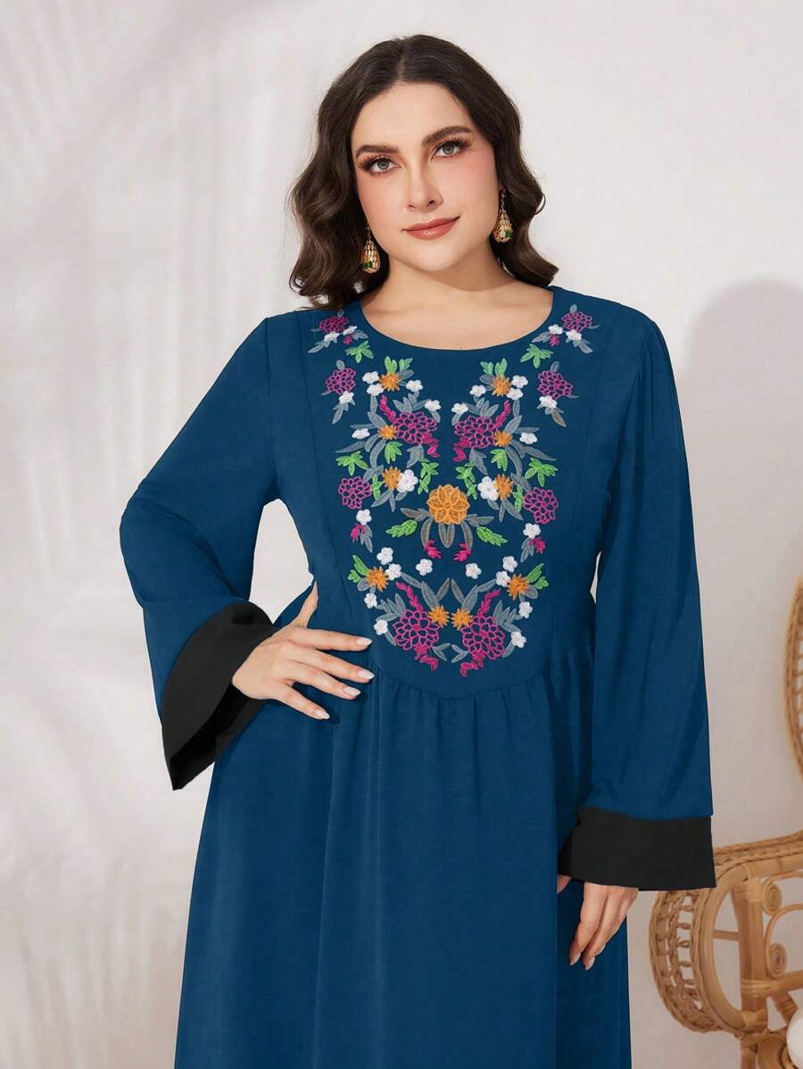 Al Najma Plus-Size Women's Floral Embroidery & Color Blocking Long Sleeve Arabic Clothing Kaftan Jalabiya Dress - Teal Blue - View 1