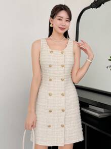 DAZY 腰部收紧无袖短款连衣裙 太阳裙 秋冬格子 - 杏色 - 查看 5