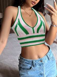 SHEIN Unity Ladies' Striped Halter Knit Top - Green - View 6