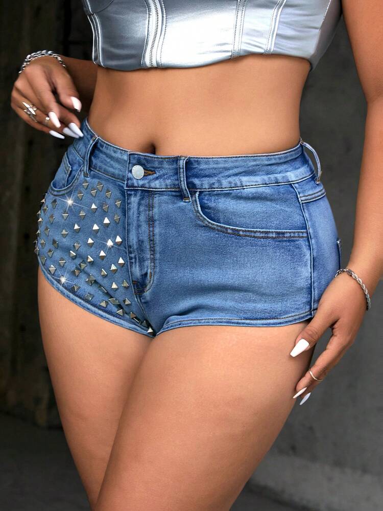 Y2k Spring Break Mini Shorts Plus Size Women's Street Style Sexy Stud Decoration Party Denim Blue Shorts