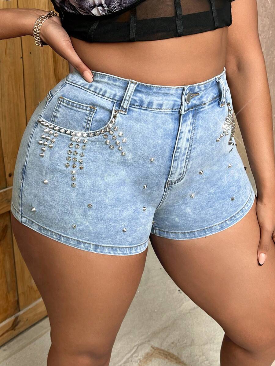 SHEIN SXY Kích thước lớn Dát Đầy Đàn hồi Cao eo Quần short Denim Cho mùa hè - Rửa nhẹ - Xem 1