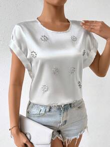 Chiquease Pha lê Trang trí Vòng cổ tay cánh Áo sơ mi - trắng - Xem 5