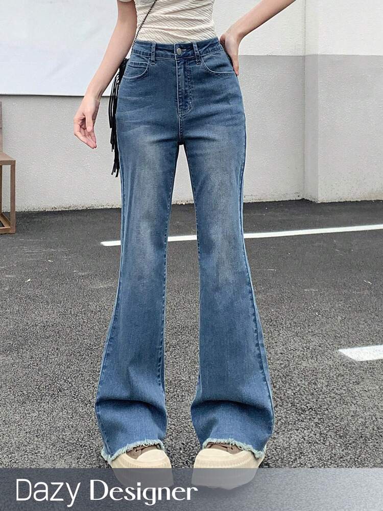 Women Blue Denim Flared Trousers