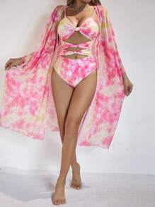 SHEIN Swim Women's Tie Dye Hollow Out One-Piece Swimsuit, Slim Fit For Summer Beach Vacation - Multicolor - View 3