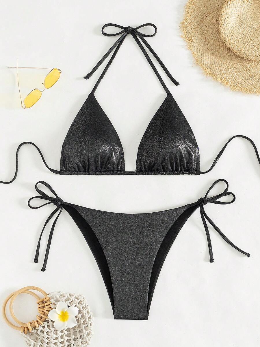 SHEIN Swim 女士純色頸掛比基尼套裝,沙灘裝泳衣夏季 - 黑色 - 查看 1