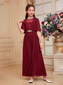 SHEIN Tween Girl 1 szt. Śliczny kombinezon z okrągłym dekoltem i kryształkami, z peleryną i rękawami - Burgund - Zobacz 6