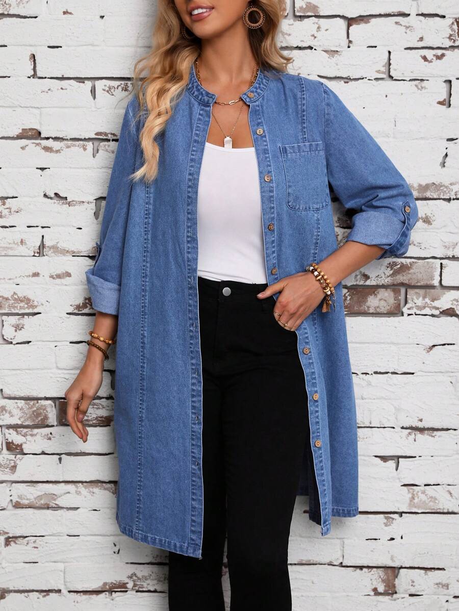 SHEIN LUNE Button Front Pockets Casual Denim Dress - Blue - View 1