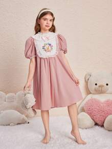 SHEIN Leap Crew Tween Girls' Lovely Princess Style Round Neck Sleep Dress With Bow Decoration And Bunny Embroidery For Summer - Baby Pink - View 3