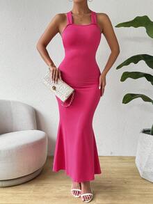 Chiquease 女性純色交叉背心連魚尾裙 - 玫紅色 - 查看 6