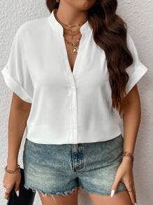 Elenzga Camisa De Talla Grande De Manga Murciélago Con Textura Y Cuello Muescado - Blanco - Ver 1