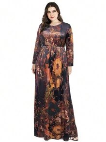 Plus Size Fashionable Casual Floral Print Round Neck Loose Modest Long Sleeve Dress