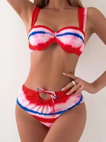 SHEIN Swim Women's Tie-Dye Ruched Bikini Set, For Summer, Beach, Swimming - Multicolor - View 3