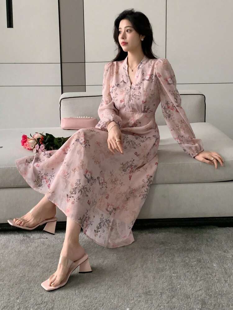 Vestido con estampado floral, cuello en V profundo, mangas farol, cintura imperio y abertura, vestido de otoño