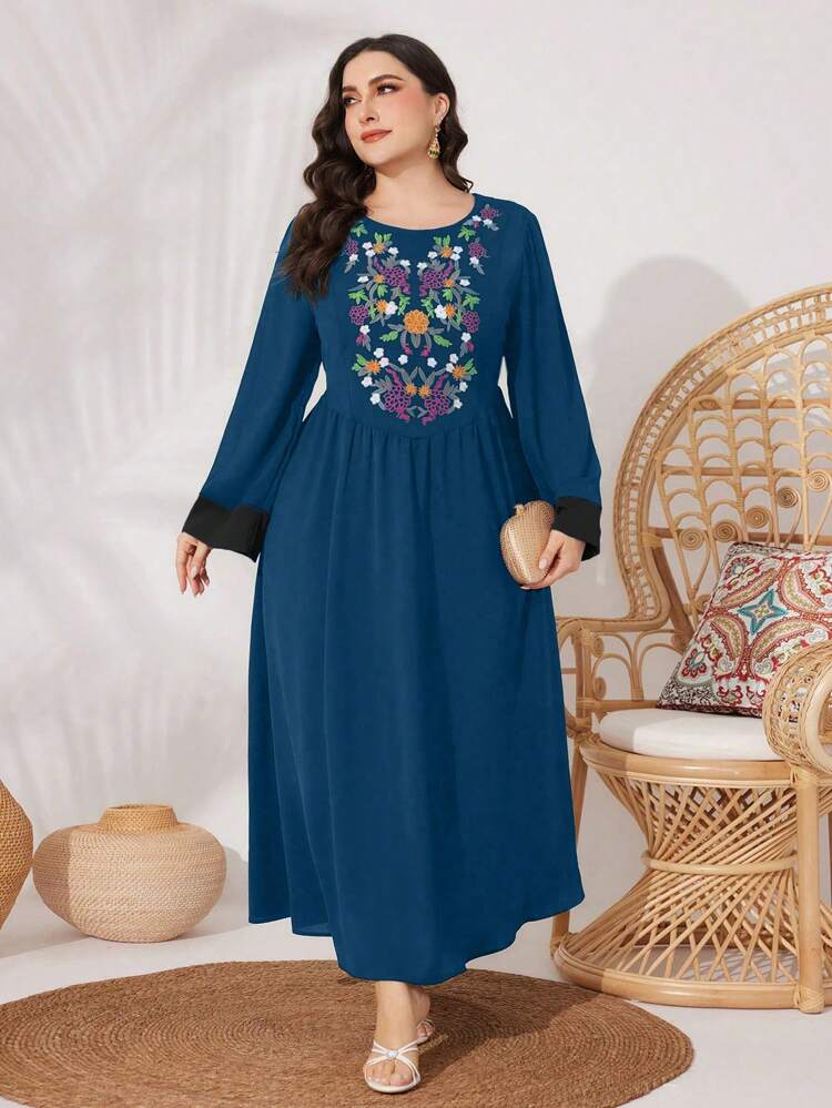 Plus-Size Women's Floral Embroidery & Color Blocking Long Sleeve Arabic Clothing Kaftan Jalabiya Dress