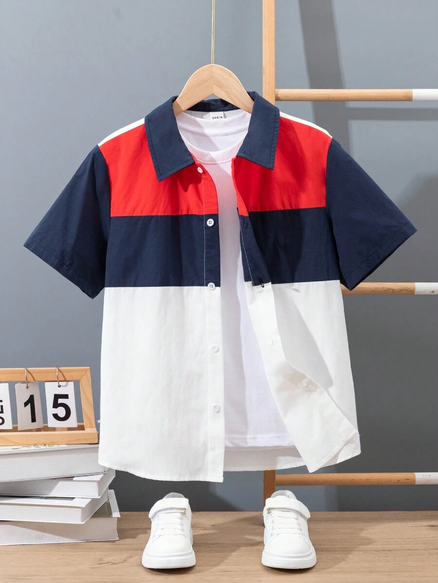 SHEIN Cậu bé Tween Lỏng lẻo phù hợp Khối màu Vá lại Ngắn tay Áo sơ mi , Phong cách Học viện - Nhiều màu - Xem 1