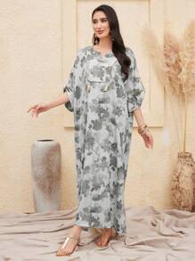 Al Najma Deep V-Neck Fringe Hem Allover Printed Dress