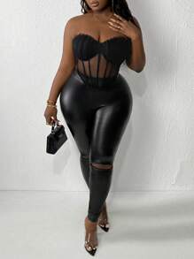 Slaydiva 性感網紗透視無肩帶加大尺碼女士上衣