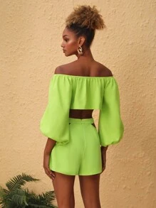 AMARI MONEE 设计师商务休闲露肩灯笼袖短款衬衫，适合秋季、假日、度假、春季、节日、办公室 - 綠色 - 查看 2