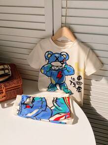 SHEIN Leap Crew 幼兒男童可愛卡通熊圖案寬鬆短袖上衣和短褲套裝 - 卡其色 - 查看 3