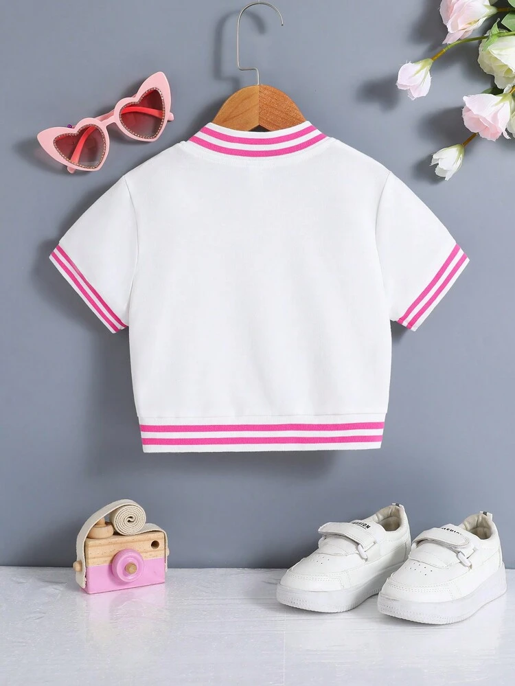 Young Girl Casual Color Block Striped Letter Embroidery Short Sleeve Jacket For Summer