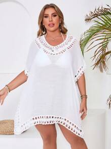 SHEIN VCAY Plus Size V-Neck Casual Hollow Knitted Top - White - View 4