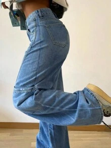 Pantalones rectos de mezclilla para mujer con efecto de empalme al estilo novio - Lavado ligero - Ver 6