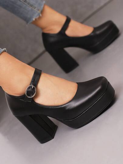 Schwarze Plateau Mary Jane Quadratische Zehenform Schuhe für Damen, Plateauabsatz, PU-Leder, Frühling/Herbst Neuankömmling, geschlossene Zehenform, elegant, Party