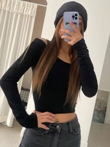 DAZY Solid Color Asymmetrical Neckline Slim Fit Long Sleeve T-Shirt,Fall Clothes - Black - View 7