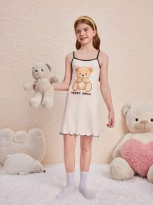 SHEIN 春夏款青少女家居休閒細肩帶睡裙 - 杏色 - 查看 5