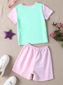 Camiseta de manga corta y pantalones cortos con bloques de color y estampado de letras para niña joven - Verde - Ver 2