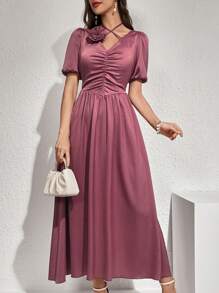 Modelyn 花卉點綴褶皺胸前氣泡袖束腰裙 - 藕粉色 - 查看 4