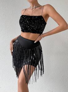 Allurite Falda decorada con lentejuelas y borlas para mujeres