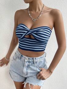 SHEIN Unity Women's Striped Halter Knit Top With Twist & Hollow Out Design - Blue - View 6